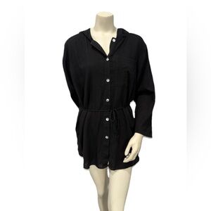 Coco Bay Lightweight Tunic Hoodie Women’s L Black 100% Cotton Button Down Top